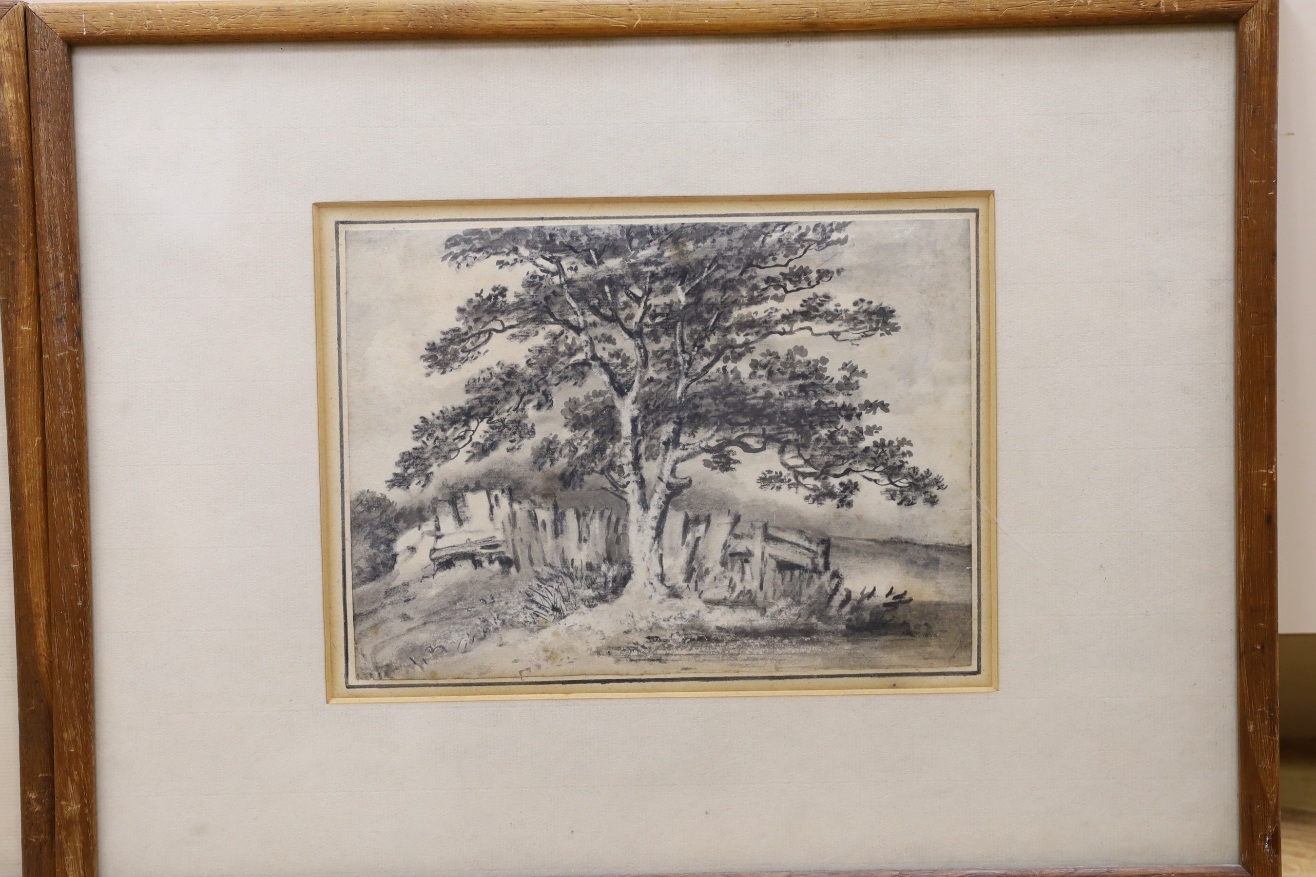Dr Thomas Monro (1759-1833), charcoal on paper, View of a cottage and tree beside a fence, Palser Gallery labels verso, 16 x 21cm